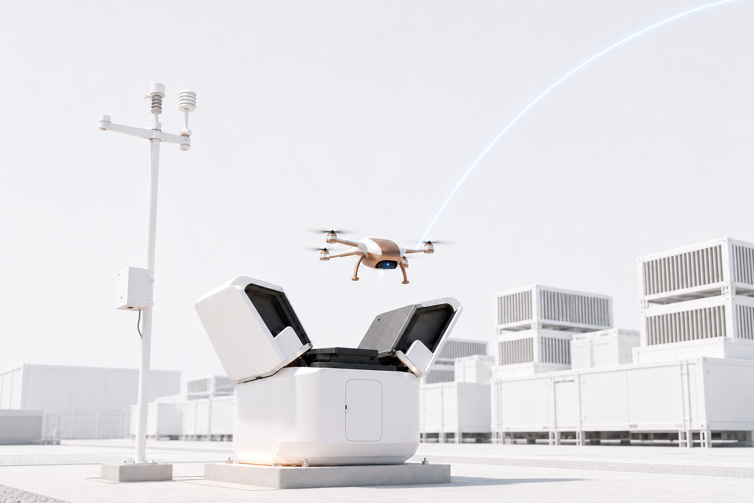 The white and copper SAVRN Sentinel aircraft lifting off from an autonomous dock in the SAVRN ATOM service zone.