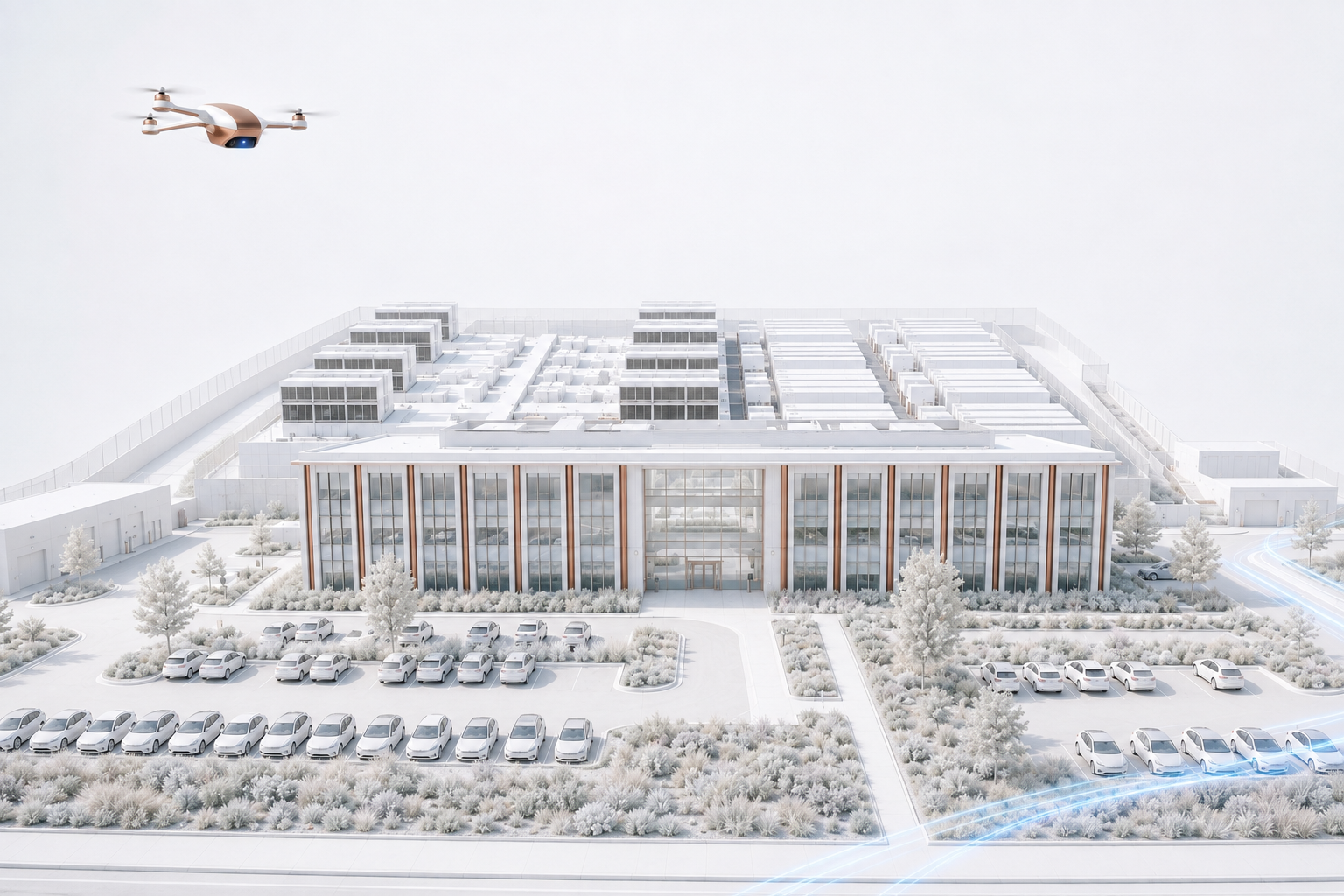 A white and copper SAVRN Sentinel aircraft patrolling a crisp architectural rendering of the SAVRN ATOM AI Factory campus.