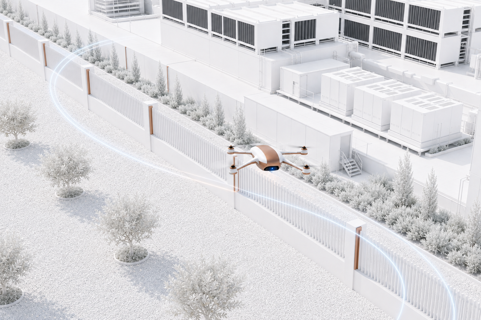 The white and copper SAVRN Sentinel aircraft patrolling the clean white perimeter of the modular SAVRN ATOM AI Factory.