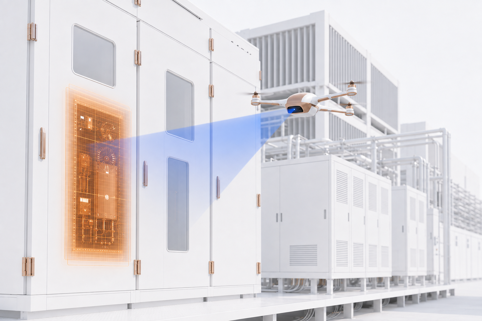 The white and copper SAVRN Sentinel aircraft thermally inspecting an external SAVRN ATOM cooling and power cabinet.