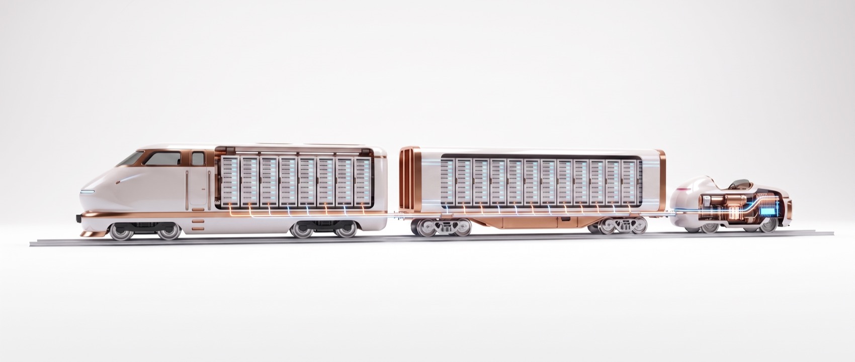 The SAVRN train in cutaway: GPU compute racks inside the engine and the Boxcar, the power module in the Sidecar, and current flowing through the whole train
