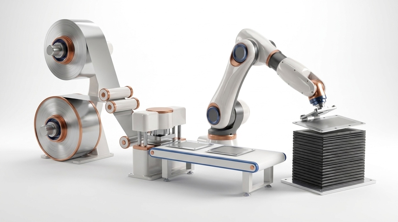 A fuel-cell stack being assembled in a robotic manufacturing cell for SAVRN's Electron power family