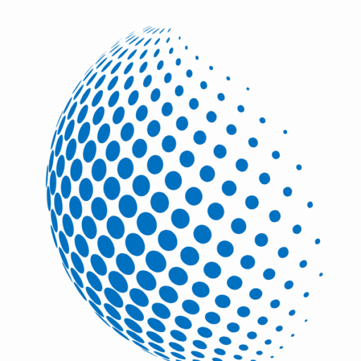 Blue halftone sphere with gradient dot pattern fading from large to small dots