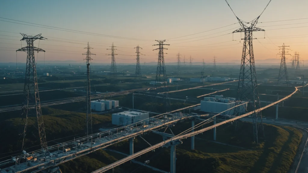 High-voltage transmission towers and power lines spanning bridge infrastructure supporting AI data center energy delivery