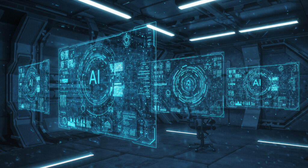 Futuristic control room with glowing blue AI holographic displays and data interfaces