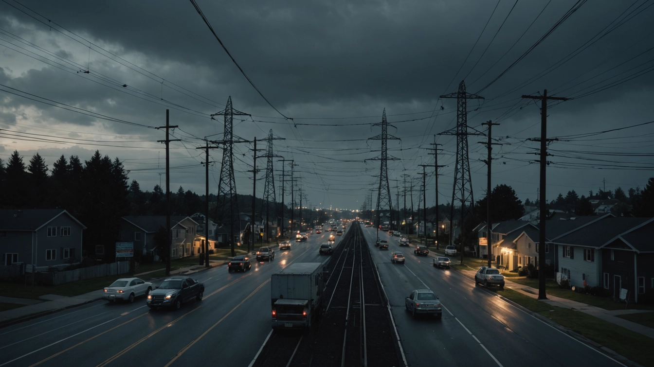 High-voltage transmission towers and power lines cross busy highway at dusk, showing critical electrical grid infrastructure