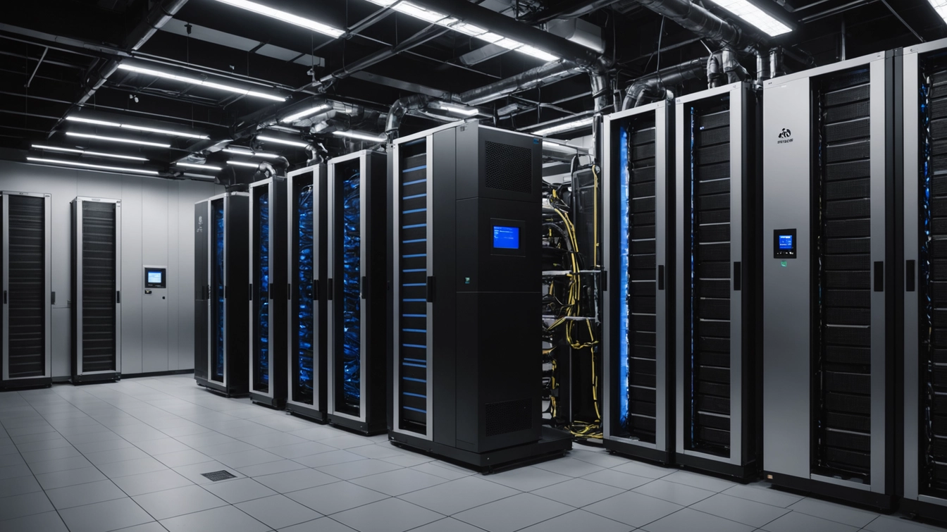 Modern data center server racks with blue LED lighting and yellow network cables in AI infrastructure facility