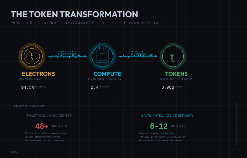 Token Economy diagram — sovereign AI infrastructure converting raw electrons into tokens of intelligence inside an integrated SAVRN campus.
